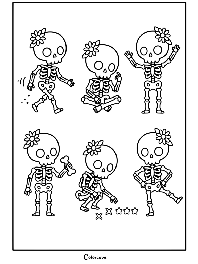 Page de coloriage d'une collection de six adorables squelettes de dessin animé représentant six squelettes mignons dans diverses poses ludiques, des fleurs, des os et des étoiles.