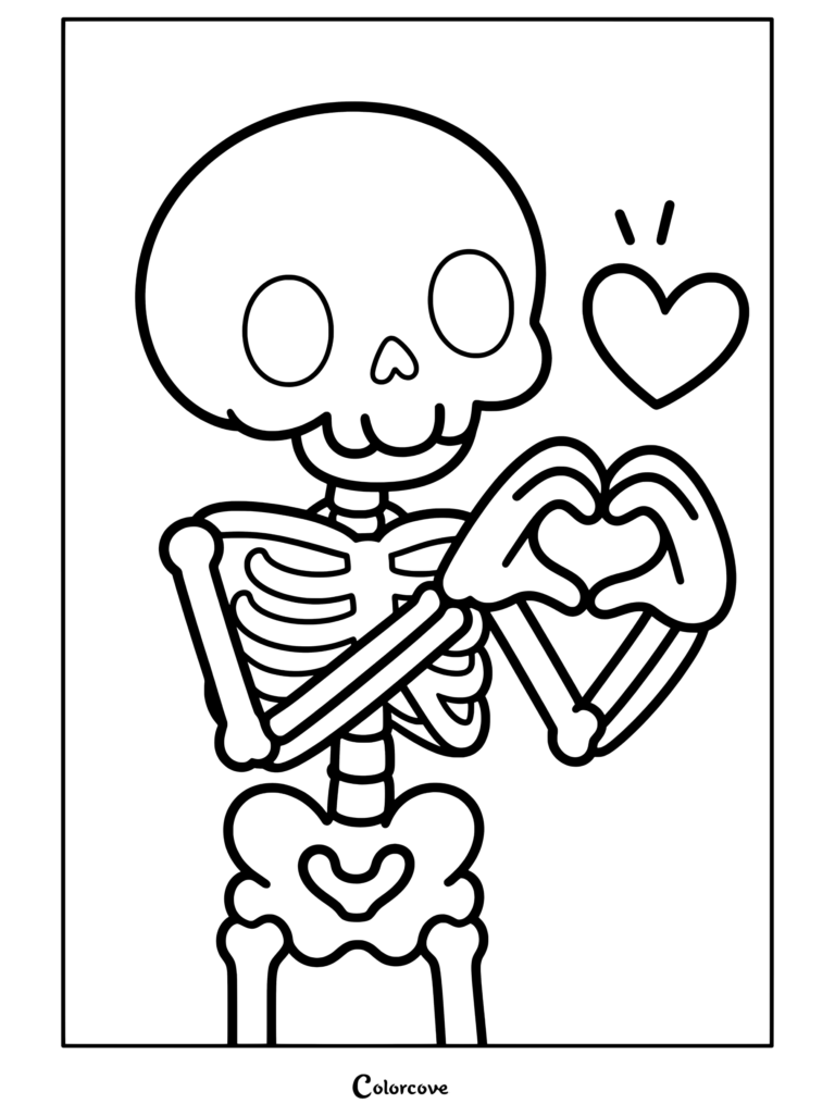Page de coloriage de Squelettes Mignons représentant un squelette mignon de dessin animé faisant des mains en forme de cœur avec un cœur rose sur fond pêche.