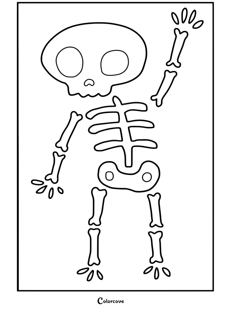 Une page de coloriage de Squelettes Mignons représentant un squelette de dessin animé sympathique faisant coucou avec un bras levé.