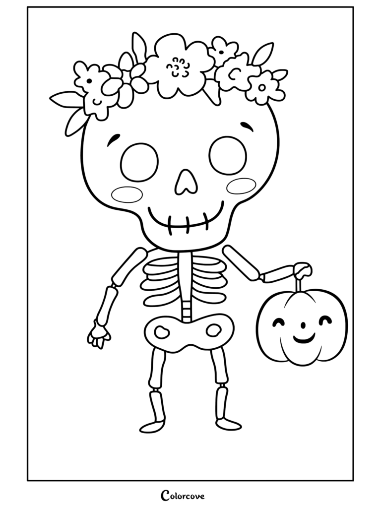 Page de coloriage gratuite de Squelettes Mignons représentant un squelette mignon de dessin animé portant une couronne de fleurs et tenant une citrouille d'Halloween souriante.