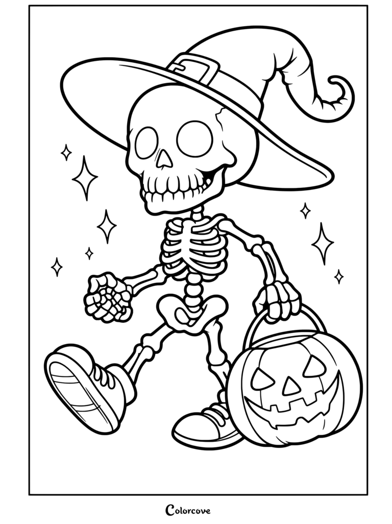 Page de coloriage d'un squelette mignon de dessin animé portant un chapeau de sorcière et portant une citrouille d'Halloween.
