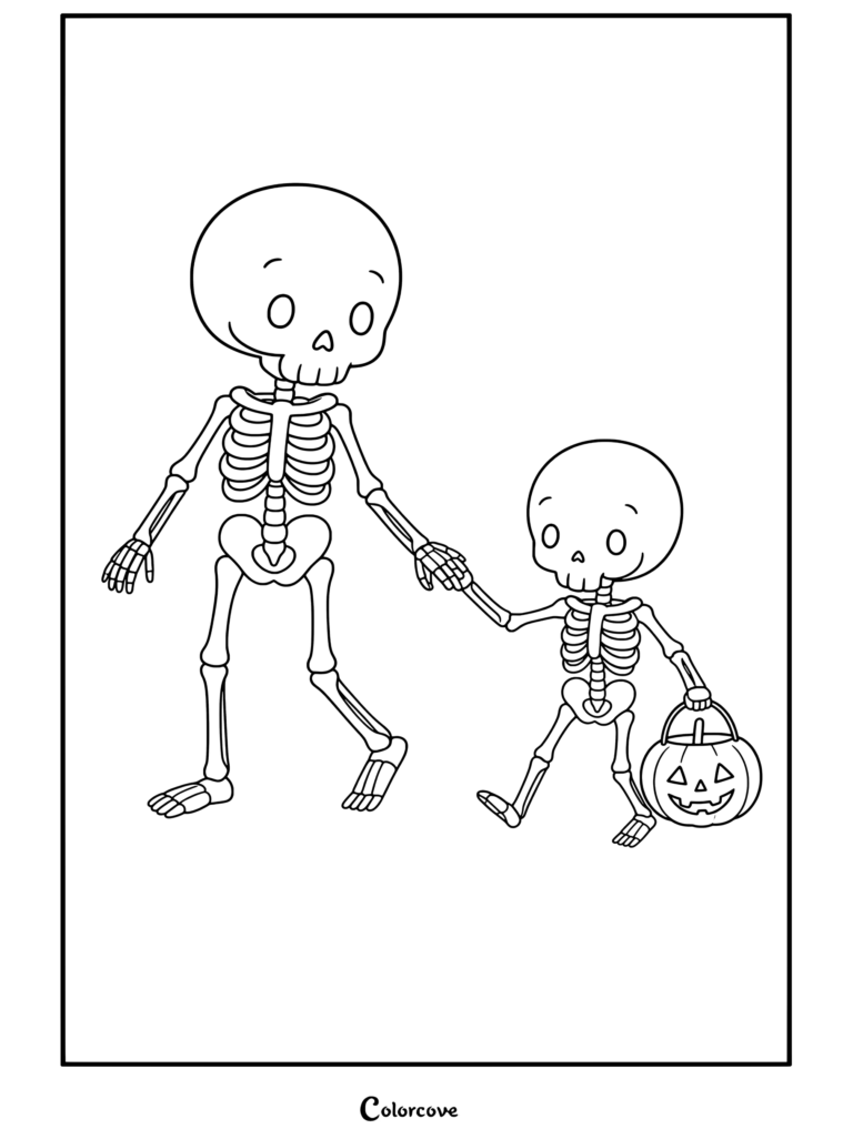 Une page de coloriage de Squelettes Mignons représentant deux squelettes de dessin animé se tenant la main, le plus petit portant un seau en forme de citrouille d'Halloween.