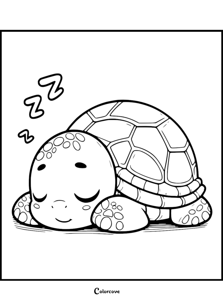 A cute turtle sleeping peacefully with Zzz symbols in this free printable coloring page.