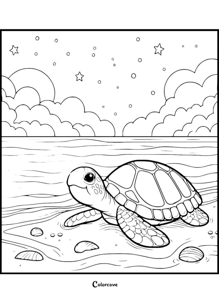 A cute turtle crawling on a sandy beach under a starry night sky in this free printable coloring page.