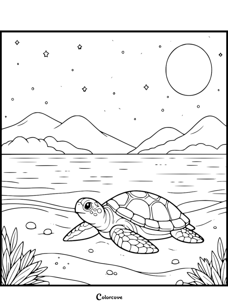 A cute turtle on a beach under a starry night sky with mountains in the background, featured in this free printable coloring page.