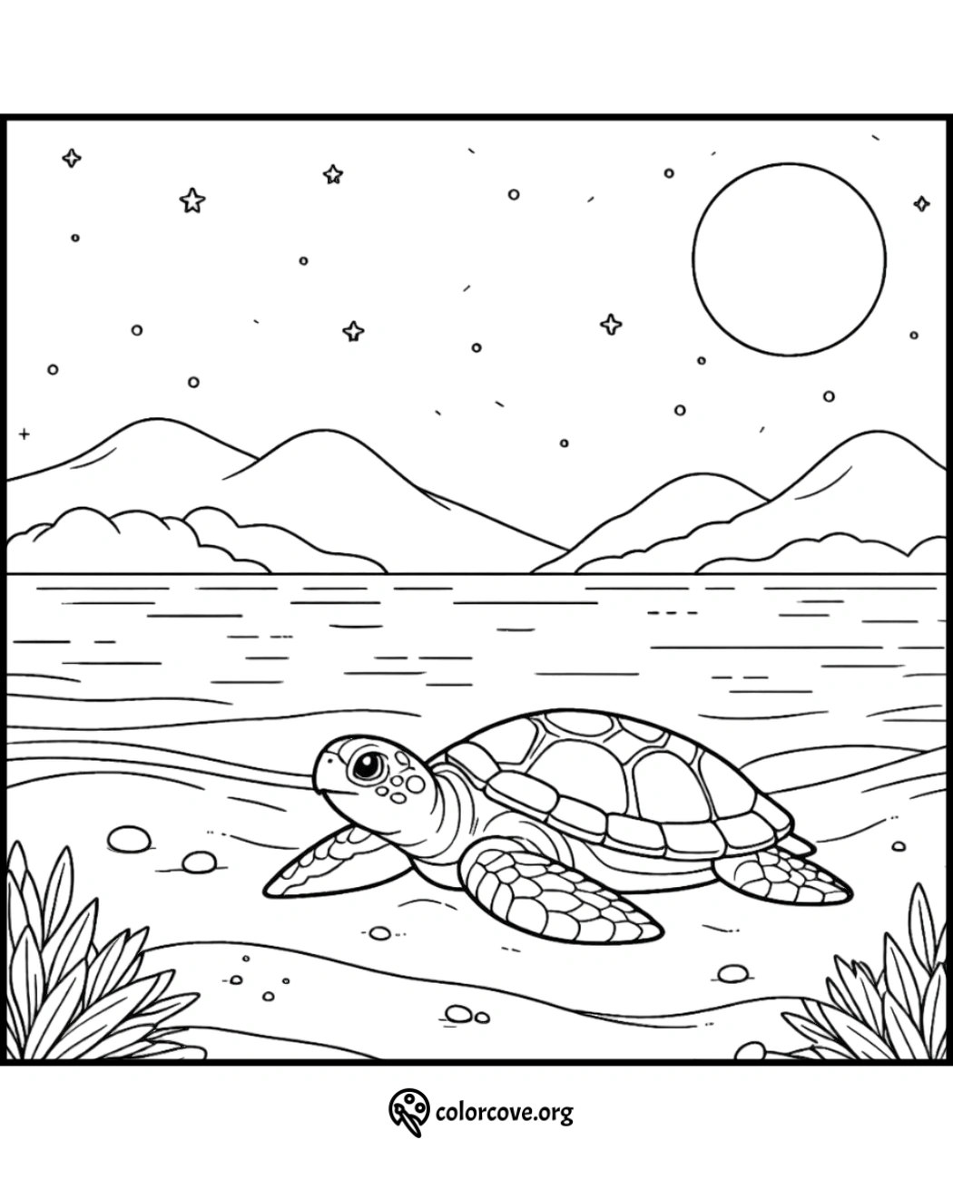 a coloring page of a turtle on a beach