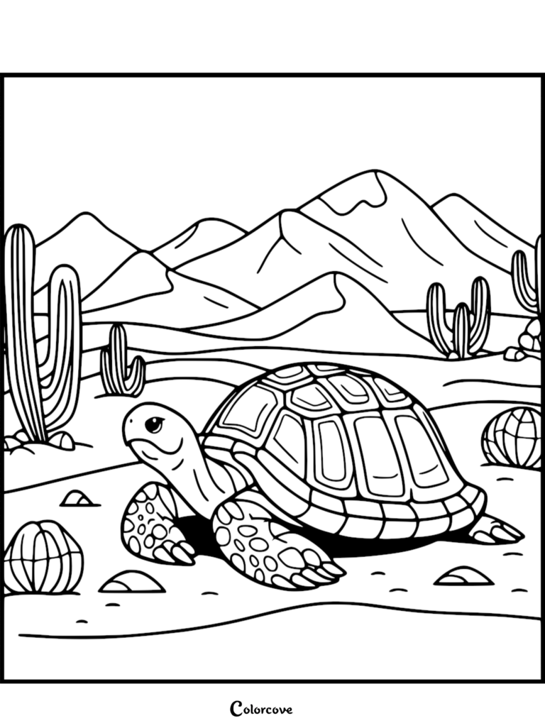 Cute turtle walking through a desert landscape with cacti and mountains in this free printable coloring page.
