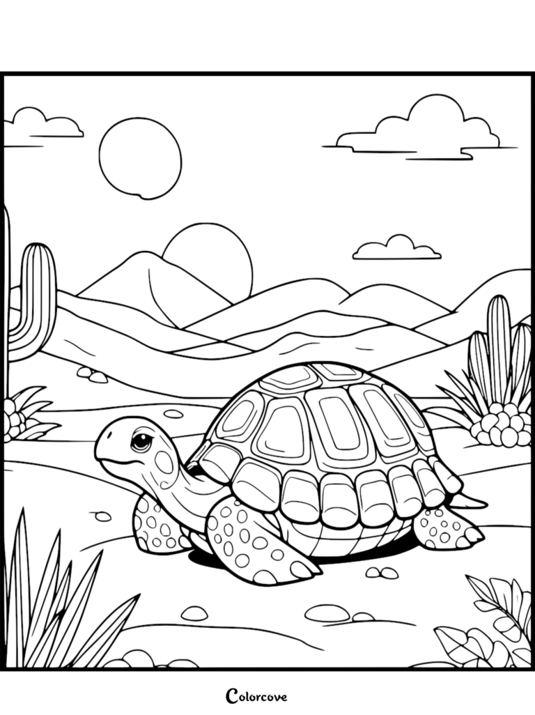 A cute turtle in a desert landscape with cacti and mountains on a printable coloring page.