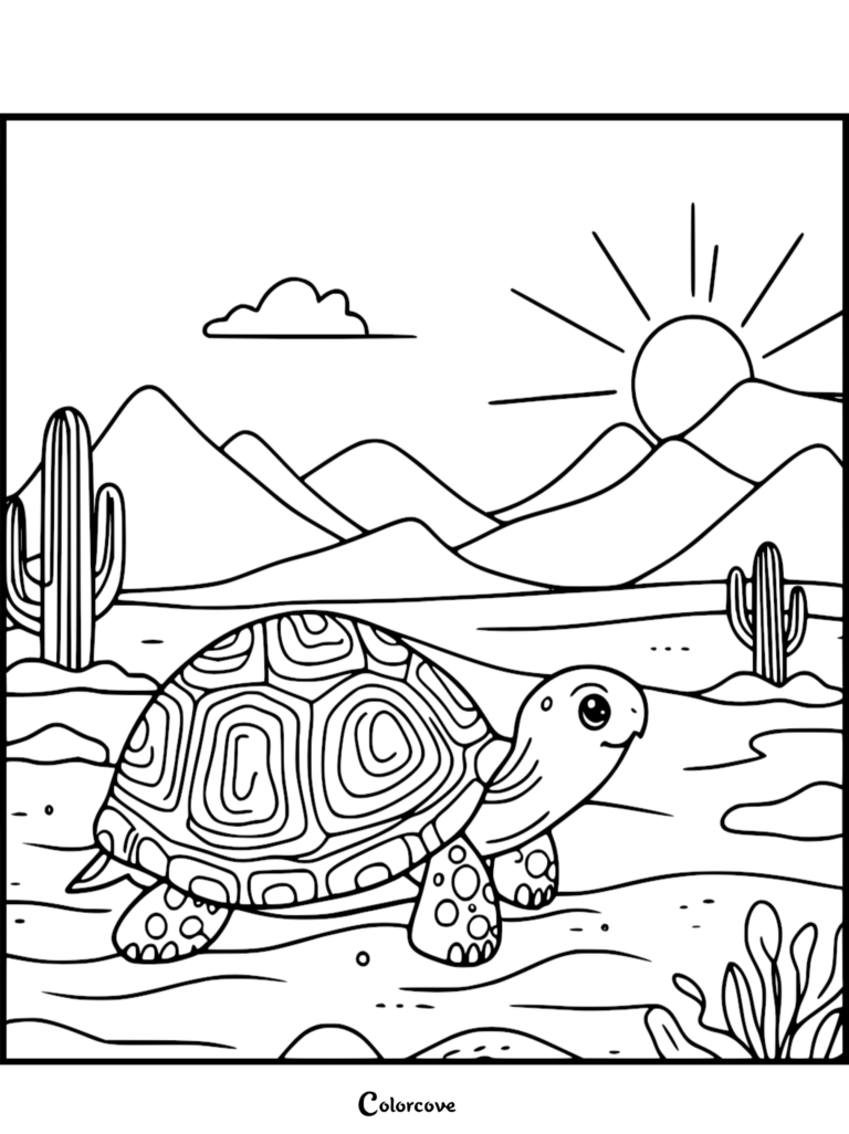 A cute turtle walking through a desert landscape with cacti, mountains, and a sun in this printable coloring page.