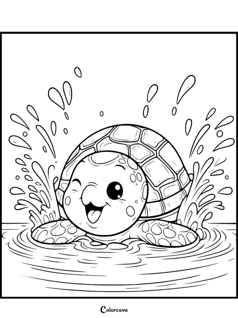 A cute turtle winking and splashing in water in this printable coloring page.