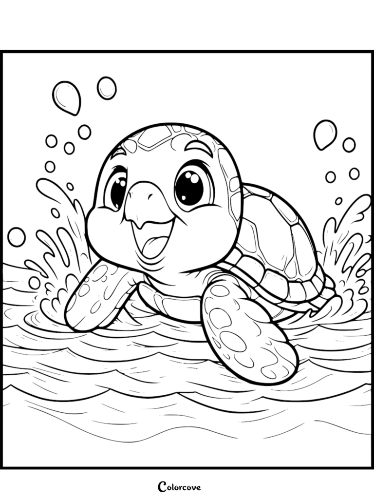 A cute turtle splashing in the water, featured in a free printable coloring page.
