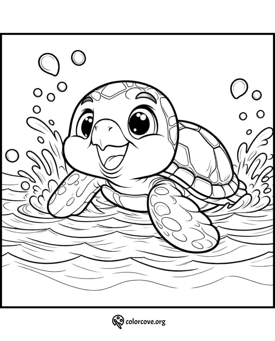 a coloring page of a turtle swimming in water