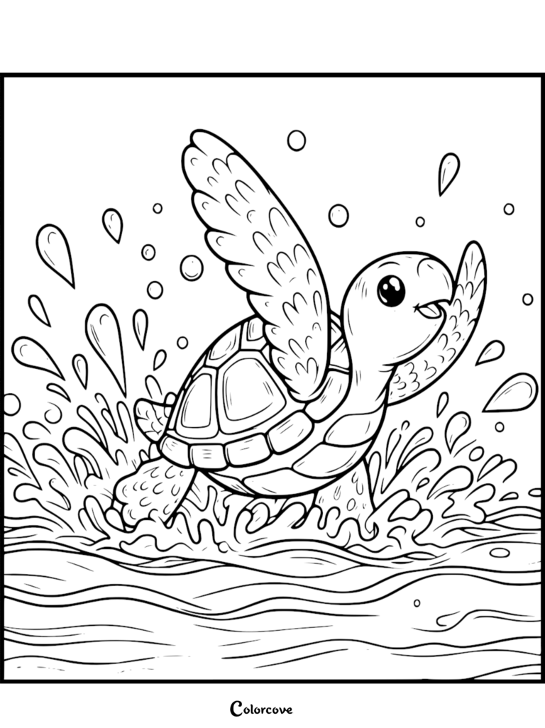 A cute turtle splashing in the ocean waves in this free printable coloring page.