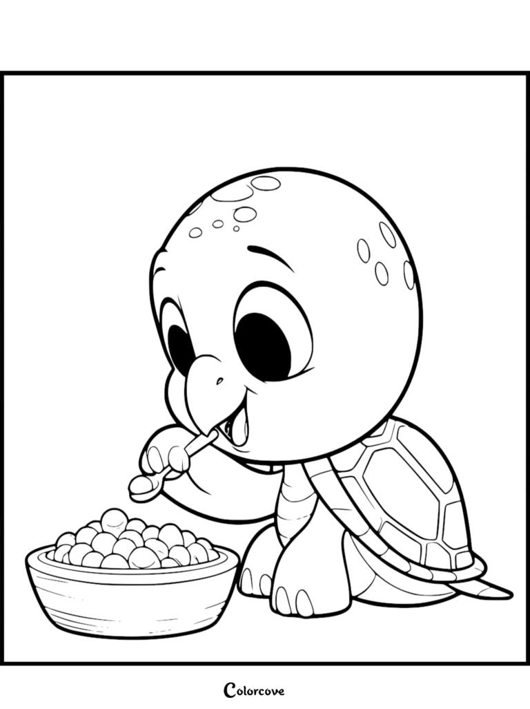 A cute turtle holding a spoon and eating a bowl of cereal in this free printable coloring page.