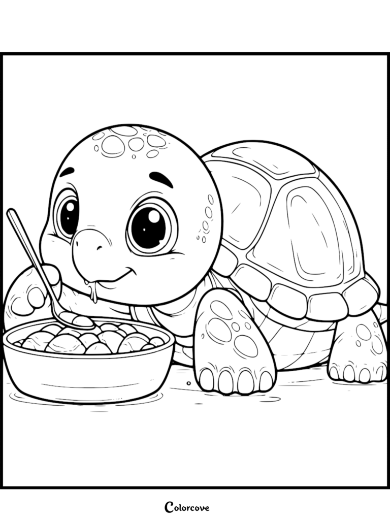 A cute turtle holding a spoon and eating a bowl of cereal in this free printable coloring page.