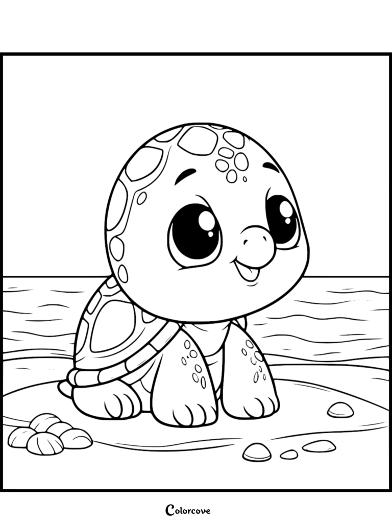 A cute turtle with large eyes sitting on a sandy beach in this free printable coloring page.