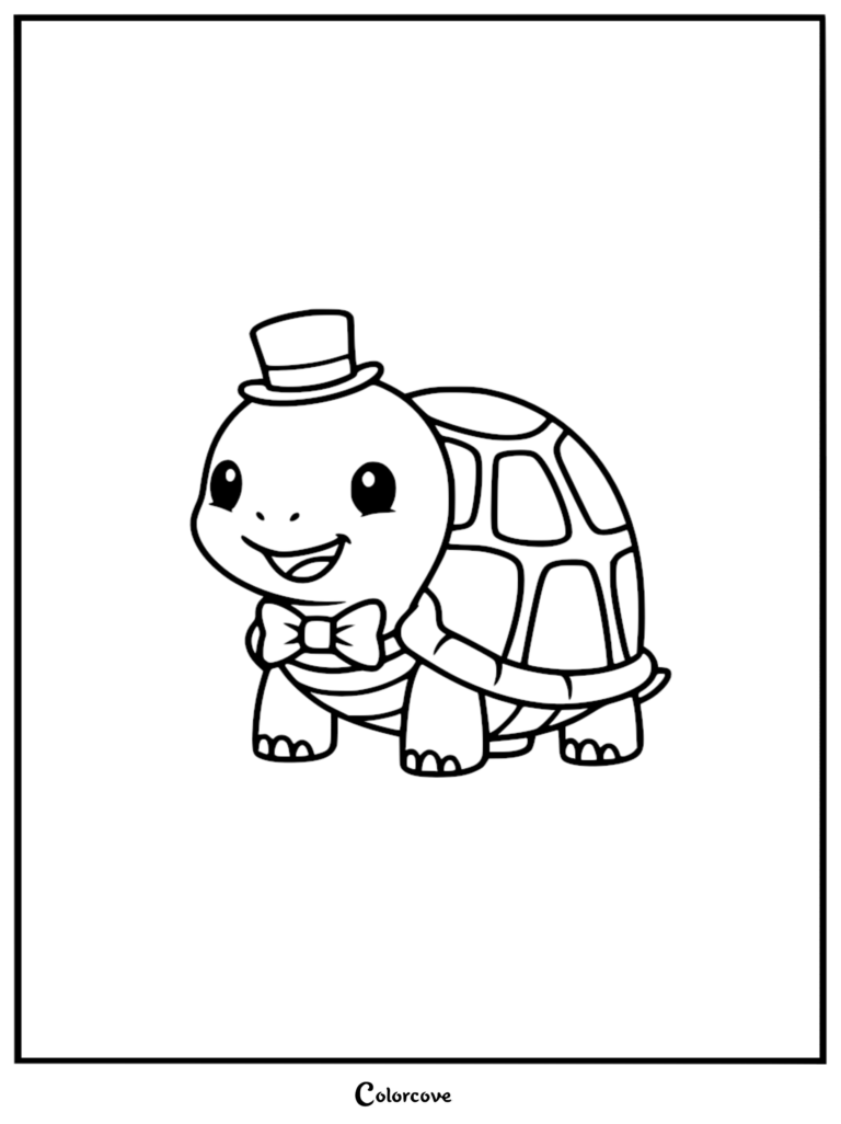 Cute turtle wearing a top hat and bowtie coloring page for kids