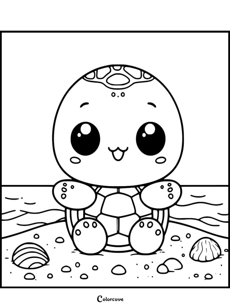 A cute turtle sitting on a sandy beach with seashells in this free printable coloring page.