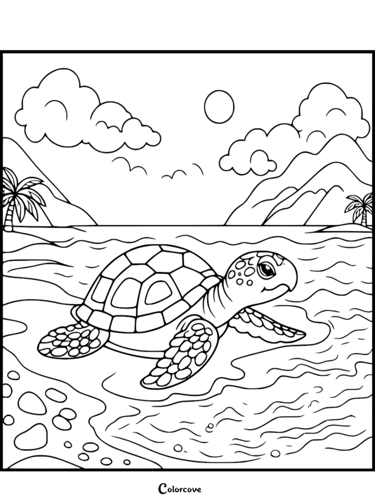 Cute turtle swimming in the ocean near a tropical beach with mountains and palm trees in this printable coloring page.