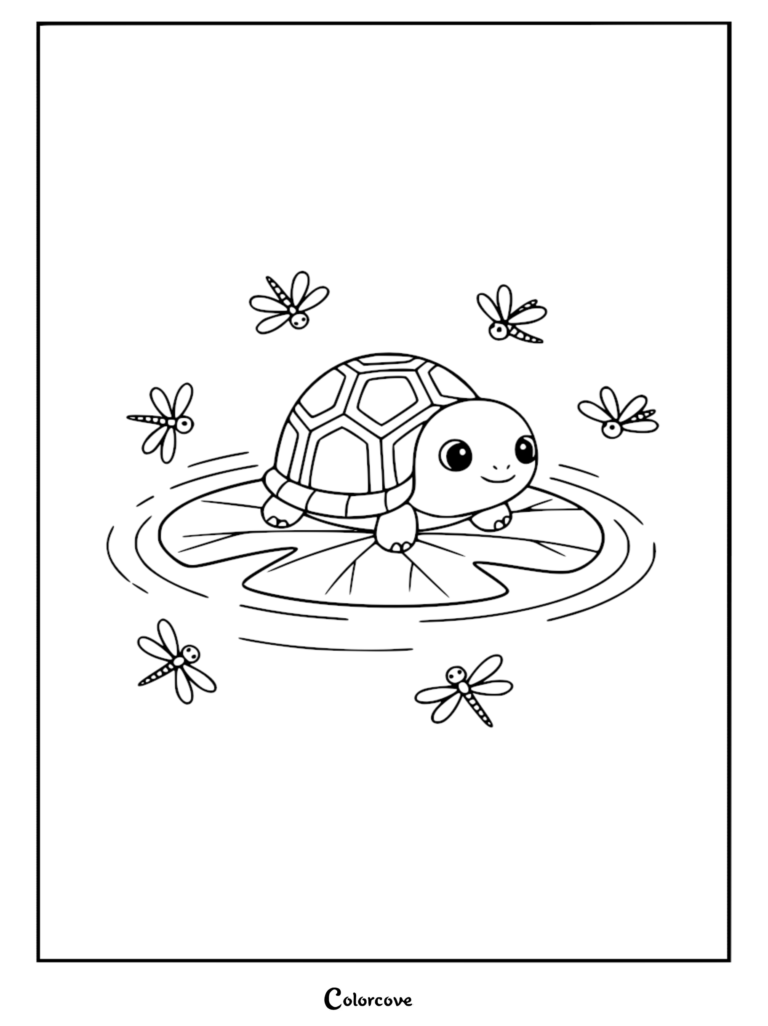 A cute turtle sitting on a lily pad surrounded by five dragonflies in this free printable coloring page.