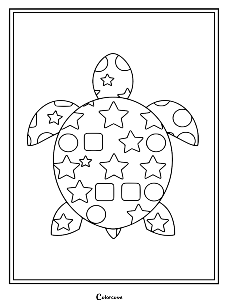 A cute turtle coloring page featuring a shell decorated with stars, circles, and squares for kids to print.