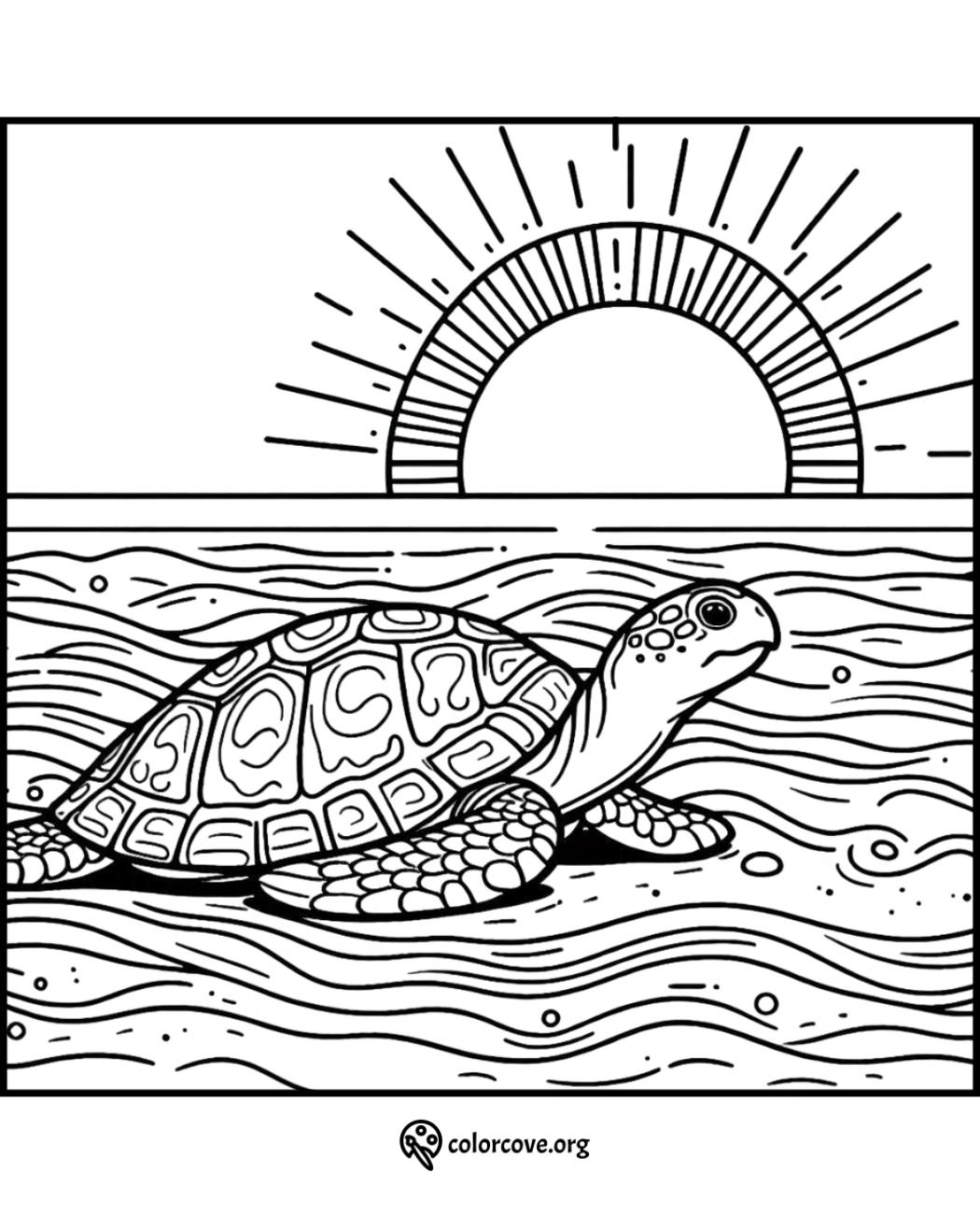 a black and white drawing of a turtle in the water