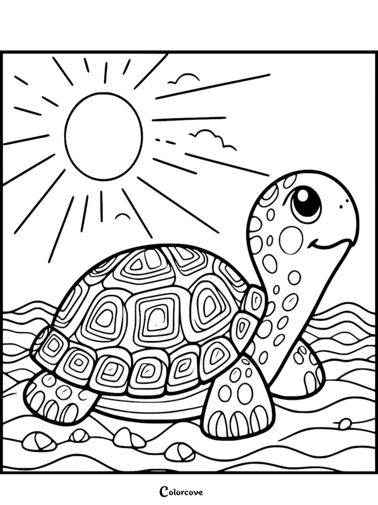 Cute turtle swimming in the ocean under a bright sun coloring page