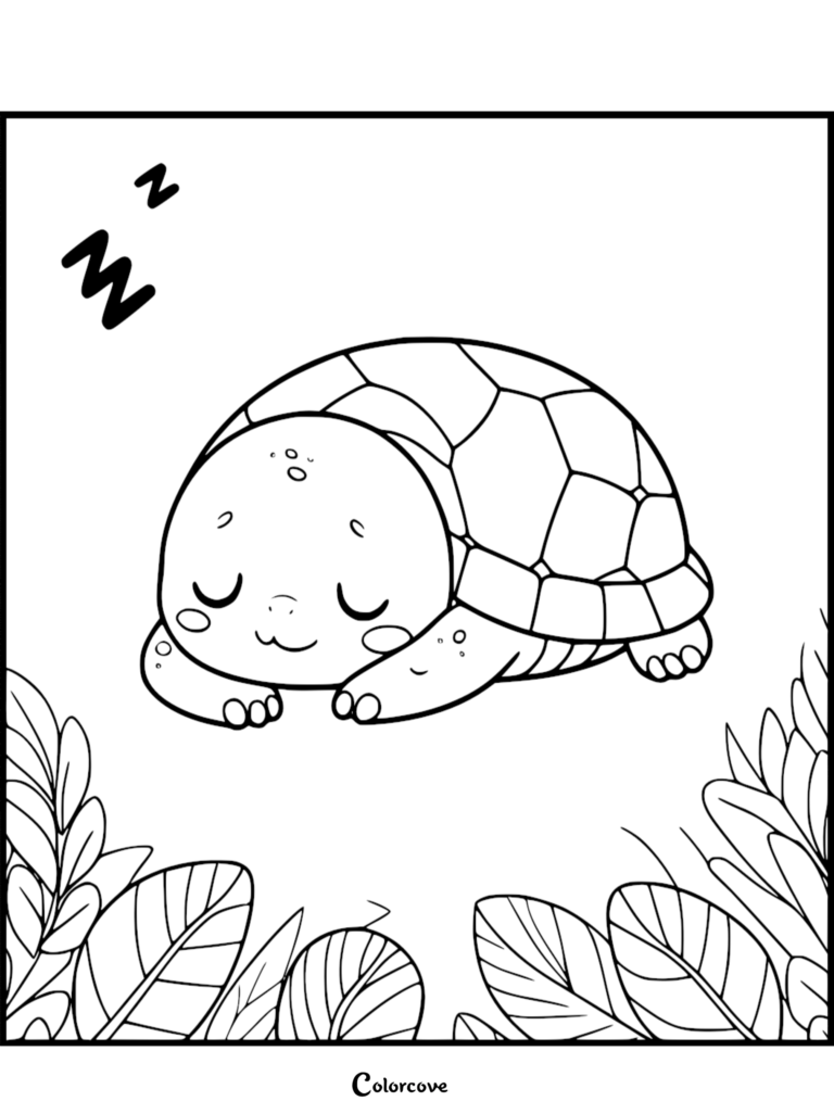 A cute turtle sleeping peacefully in a leafy garden setting, featured in a free printable coloring page.