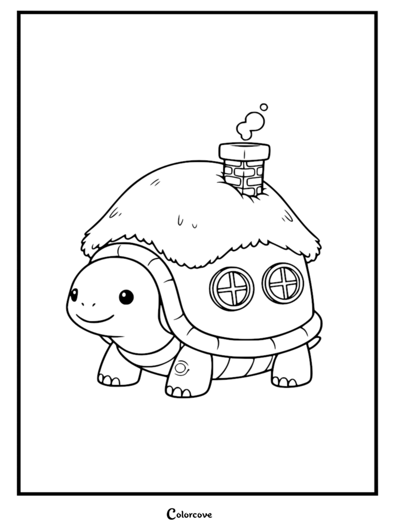 A cute turtle with a house on its shell featuring a chimney and two round windows in this printable coloring page.