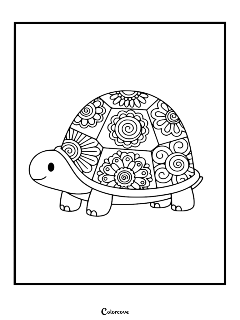 A cute turtle with a detailed floral mandala shell pattern on this free printable coloring page.