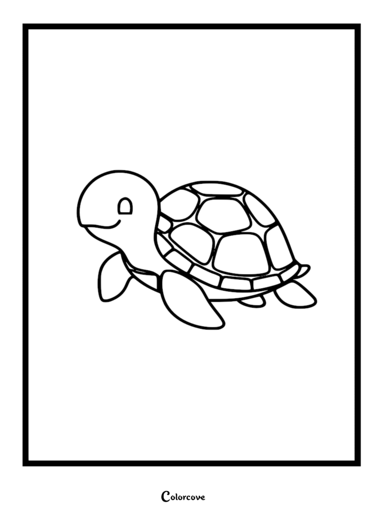 A simple line art drawing of a cute turtle for a printable coloring page.