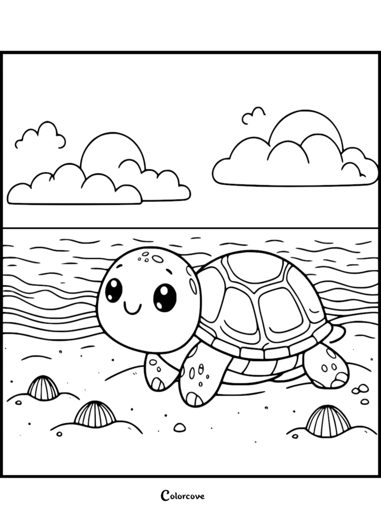 A cute turtle on a sandy beach with shells and clouds in this free printable coloring page.