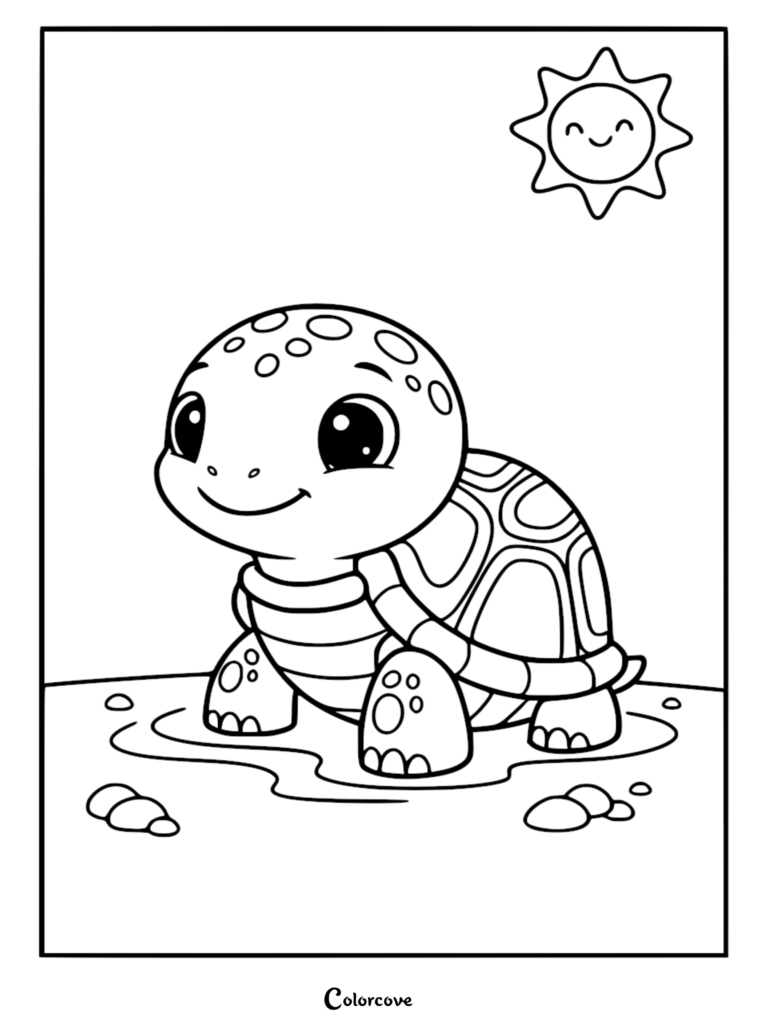 A cute turtle standing in a puddle under a smiling sun on this free printable coloring page.