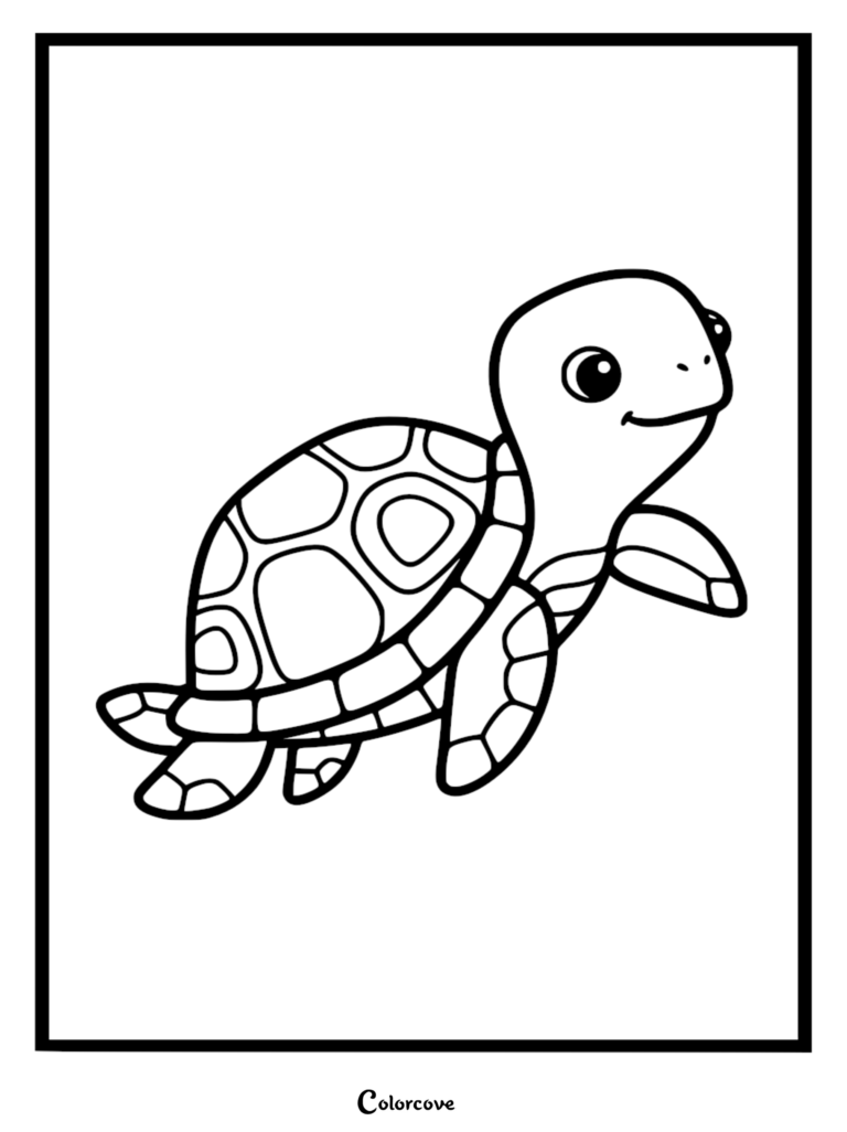 A simple line art coloring page of a cute turtle with a patterned shell swimming forward.