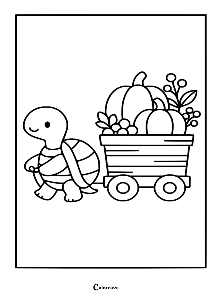 A cute turtle pulling a wooden wagon filled with pumpkins and autumn berries in this free printable coloring page.