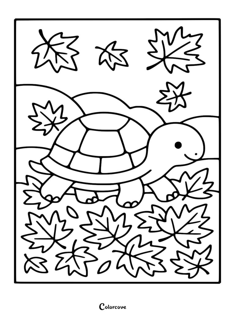 A cute turtle walking through falling autumn leaves in this free printable coloring page.