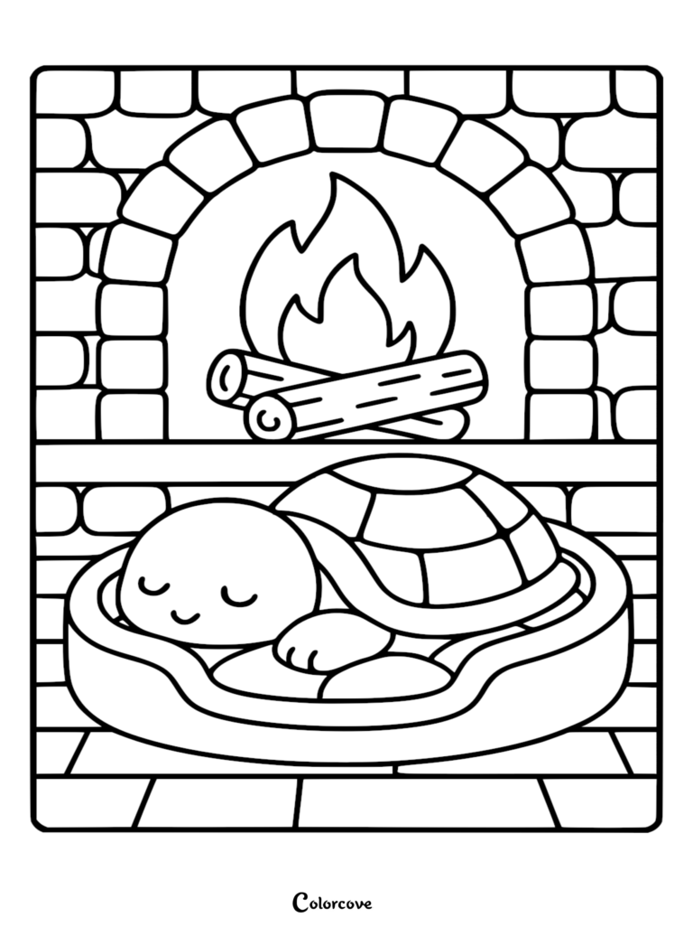 A cute turtle sleeping in a cozy bed in front of a brick fireplace in this free printable coloring page.