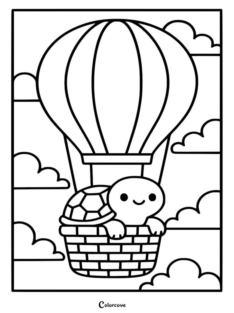 A cute turtle riding in a hot air balloon in this free printable coloring page.