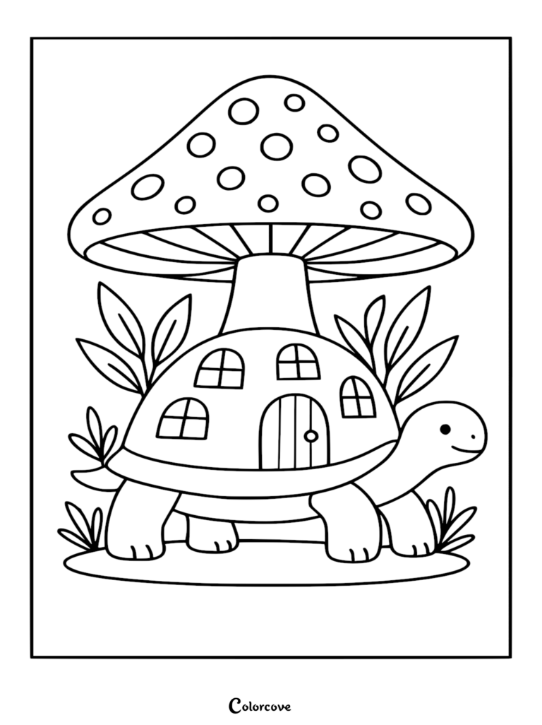 A cute turtle with a mushroom house shell featuring windows and a door on this printable coloring page.