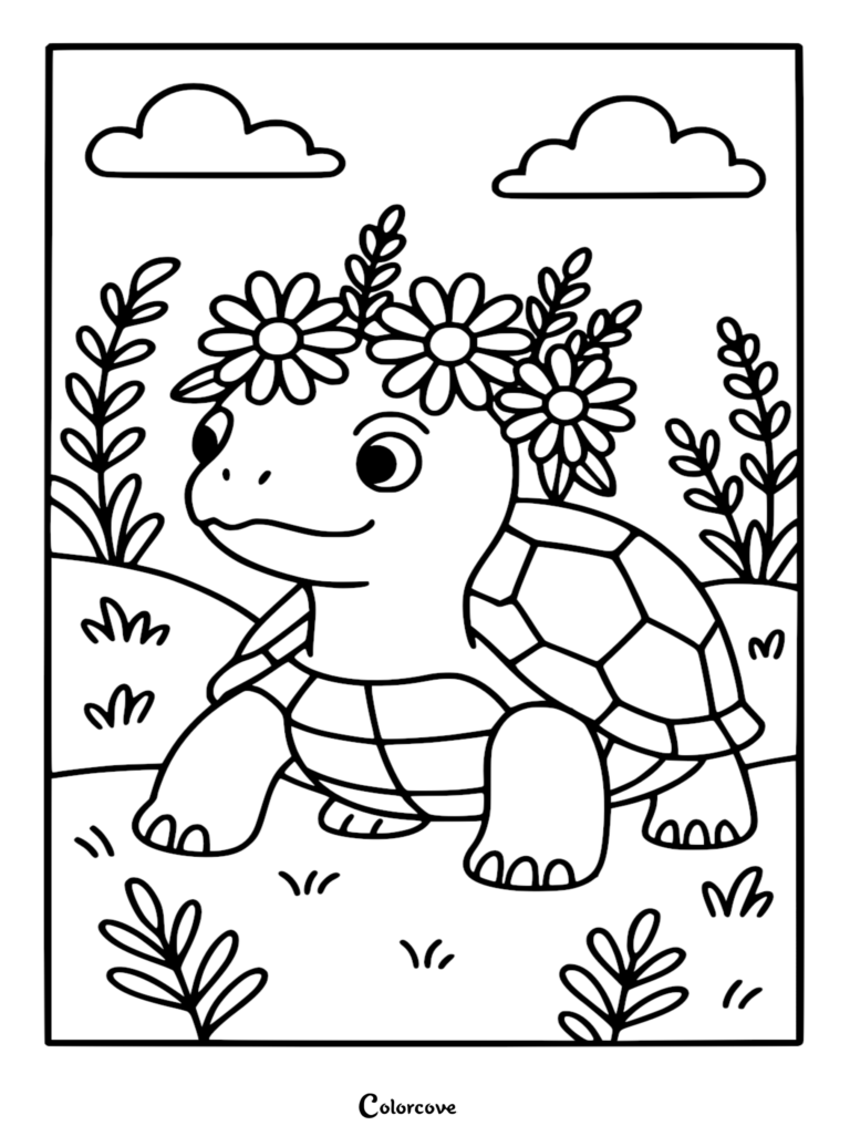 A cute turtle wearing a flower crown in a meadow, featured in a free printable coloring page.