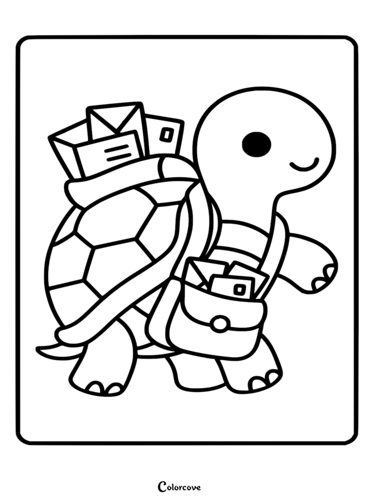 A cute turtle mail carrier wearing a satchel and carrying letters on its shell in this free printable coloring page.