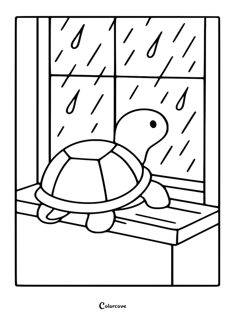 A cute turtle sitting on a windowsill watching the rain outside in this printable coloring page.