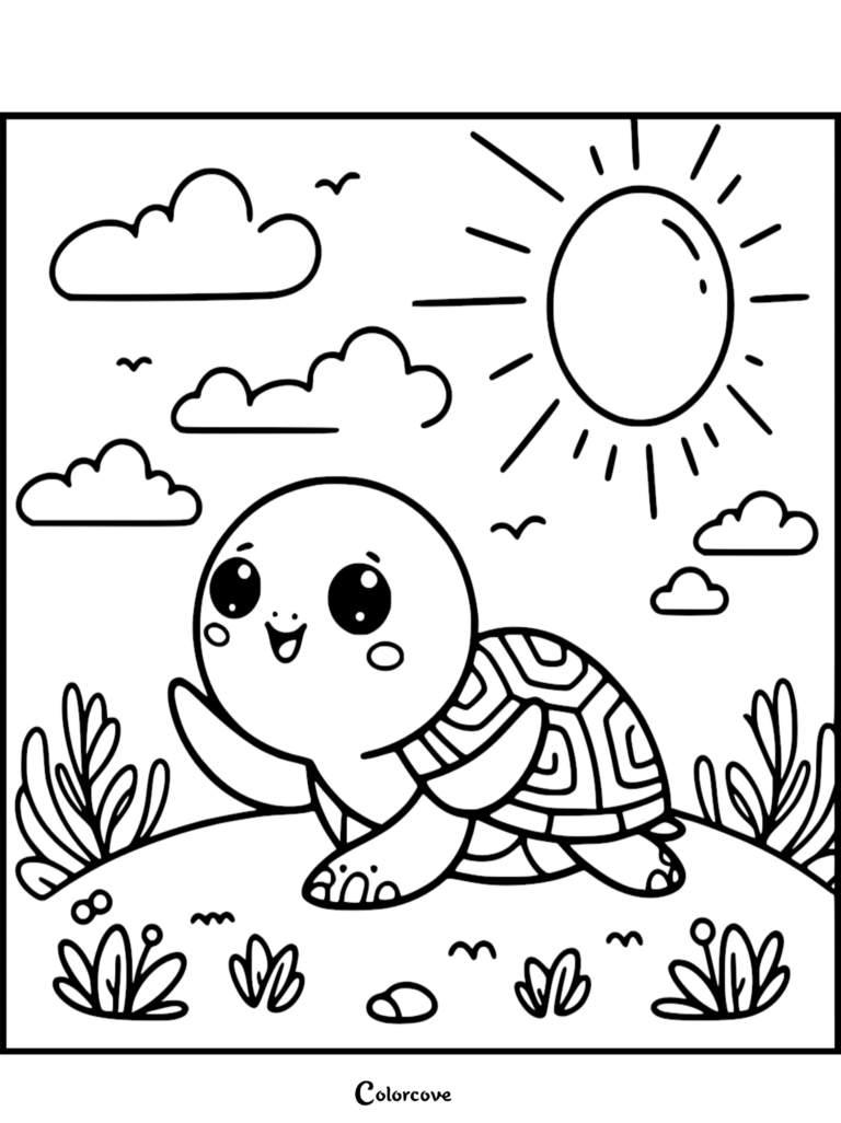 A cute turtle smiling in a sunny meadow with clouds, featured in a free printable coloring page.