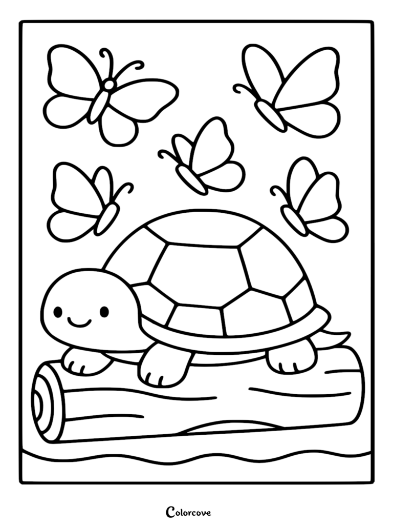 A cute turtle resting on a log surrounded by four butterflies in this printable coloring page.