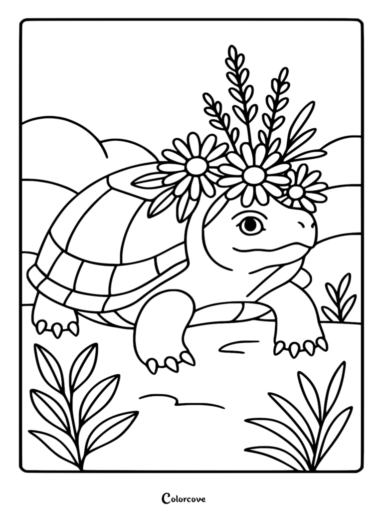 A cute turtle wearing a flower crown in a nature scene coloring page for kids