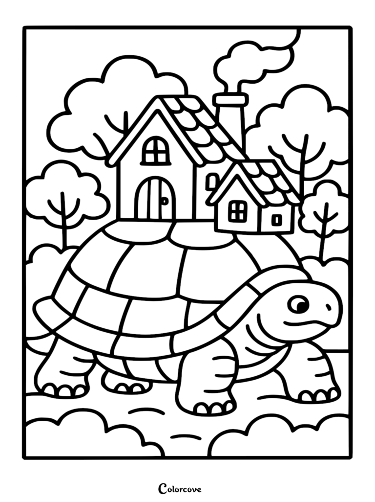 A cute turtle carrying a small house on its shell in this free printable coloring page.