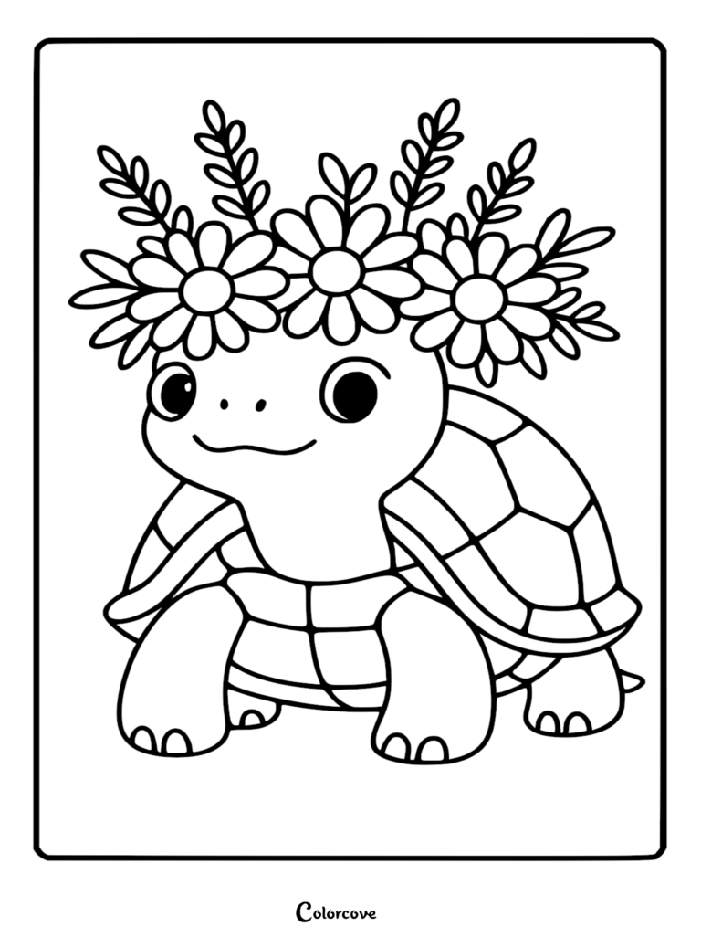 A cute turtle wearing a large flower crown in this free printable coloring page.