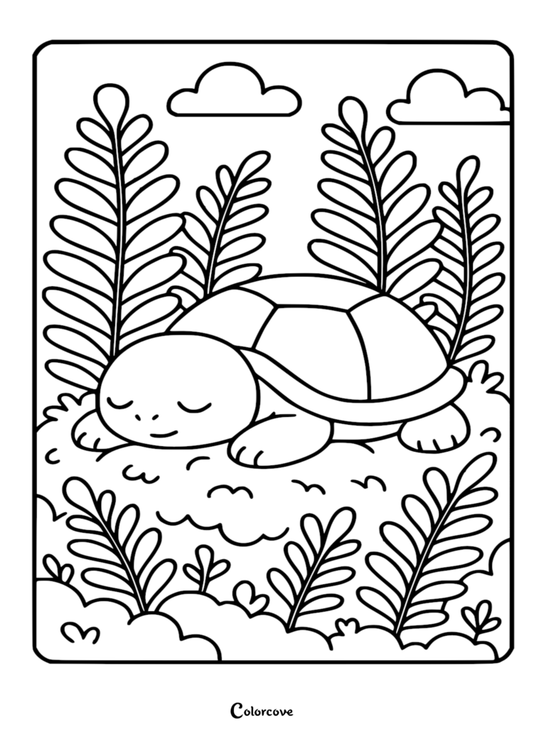 A cute turtle sleeping peacefully in a grassy field surrounded by tall ferns, featured in a free printable coloring page.