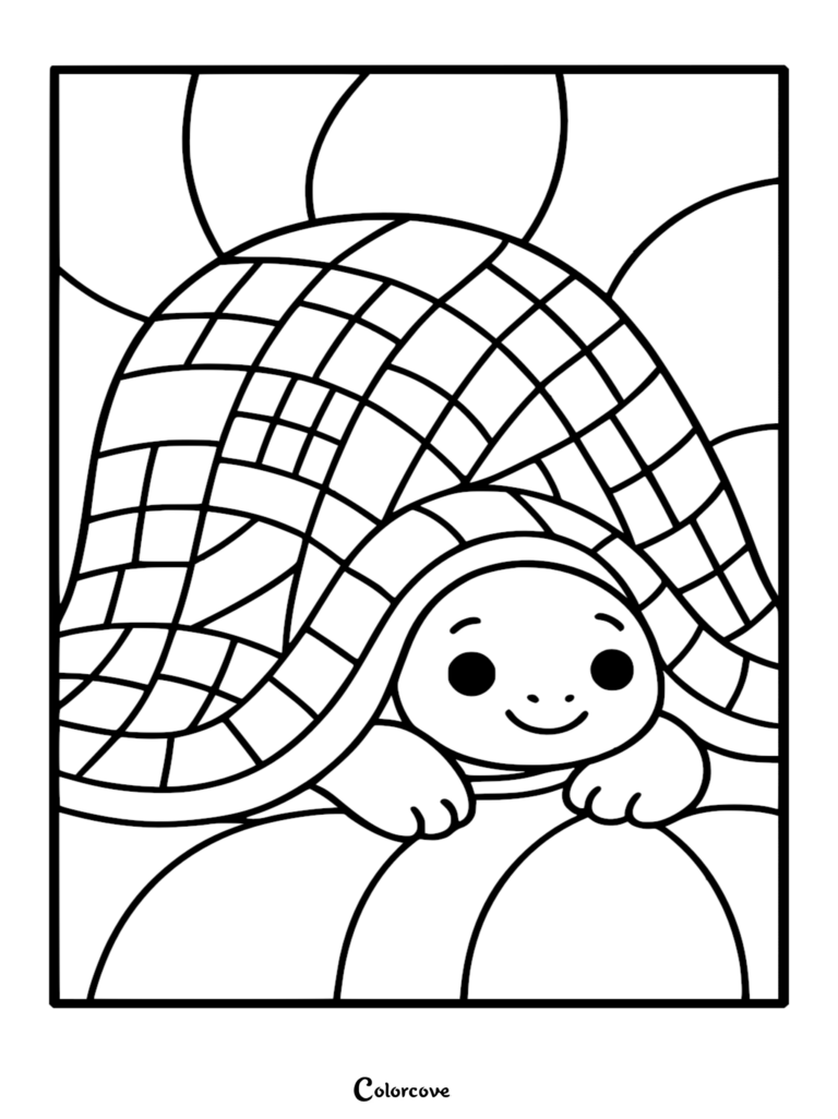 A cute turtle with a mosaic-patterned shell in this free printable coloring page.