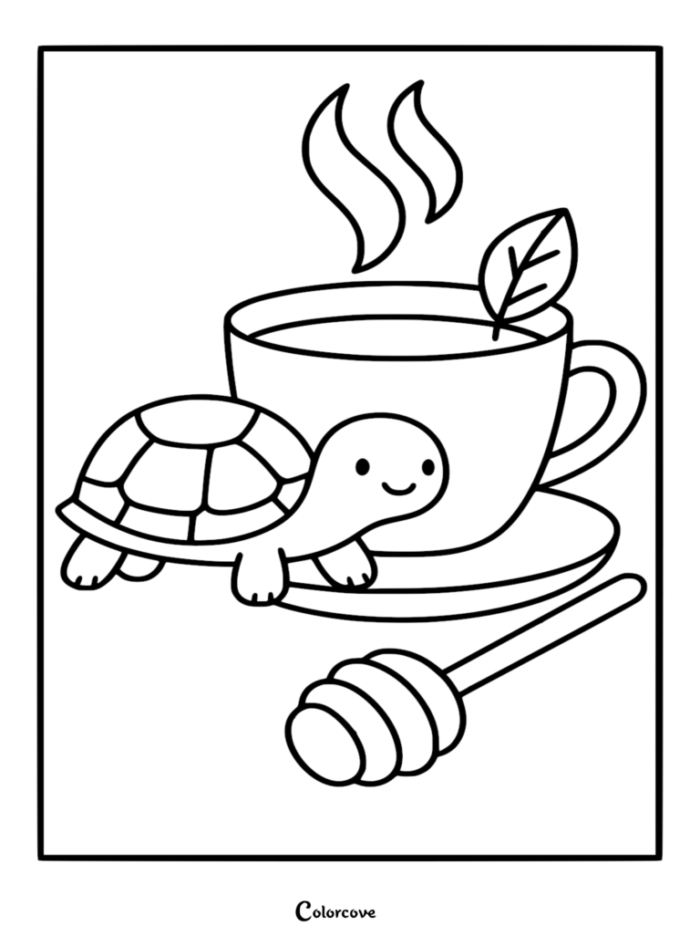 A cute turtle sitting next to a steaming cup of tea with a honey dipper on this free printable coloring page.